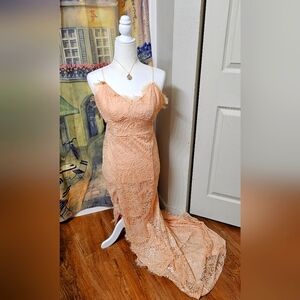 Elegant Peach Lace Evening Gown
